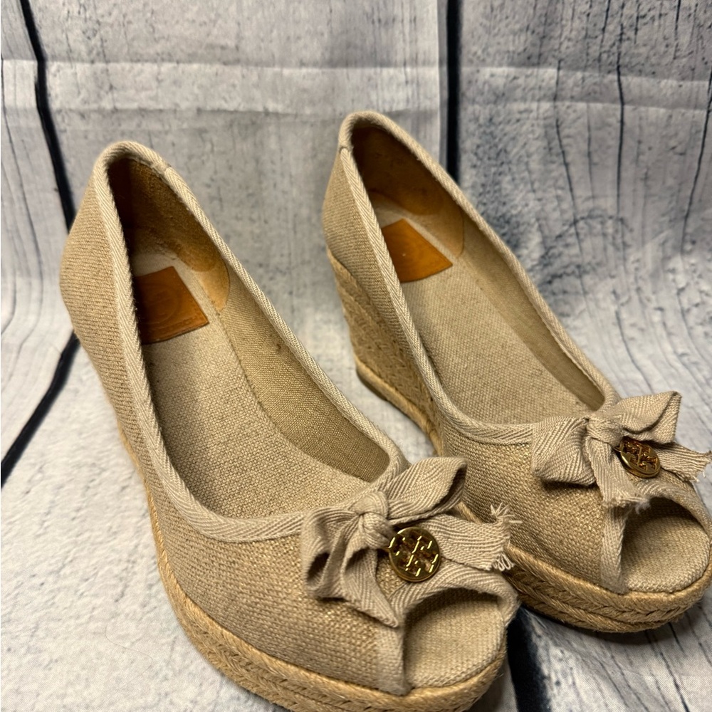 Tory Burch Tan Wedge Sandals with Bow